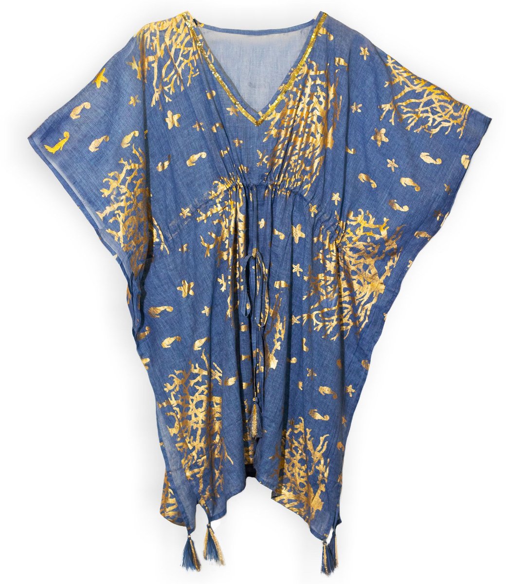 Nomad Sari On the Med Collectie Kaftan Zeeblauw & Design Goud