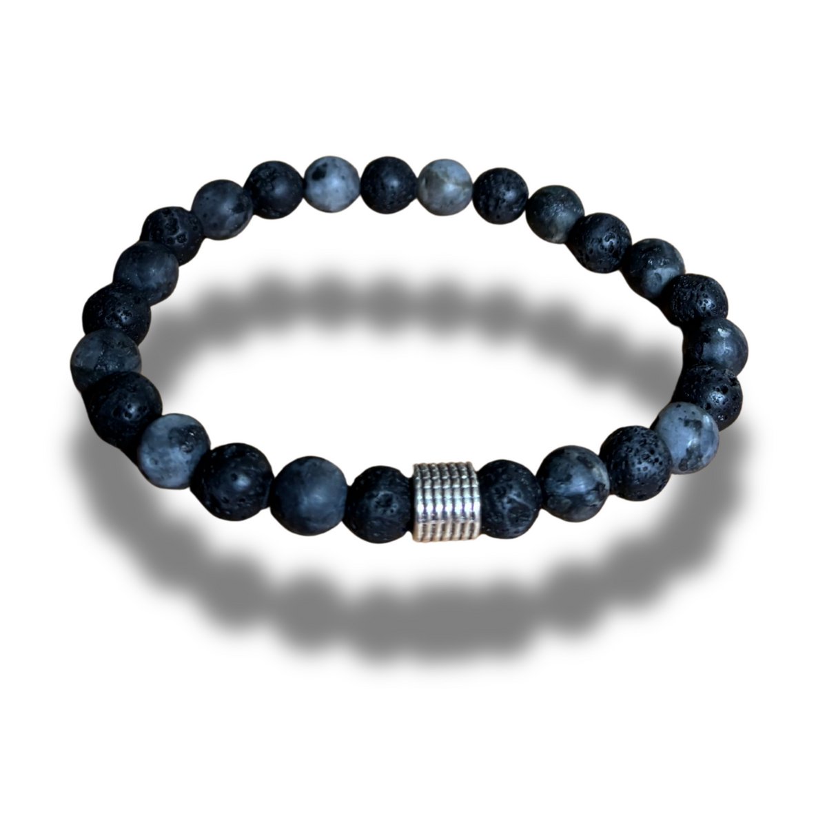 Armband - natuursteen - lava - mat zwarte labradoriet - 8 mm - 21,5 cm - met zilverkleurig element