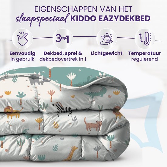 Slaapspeciaal eazydekbed® Kiddo – Zumi – 140x200 cm – Kinderdekbed met Print + Kussensloop – All Year Dekbed – 100% Katoen – Dekbed Zonder Overtrek – Hoesloos Dekbed – Hypoallergeen – Anti-allergeen – Wasbaar & Drogergeschikt – Warmteklasse 2