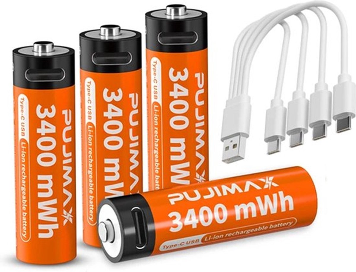 Pujimax AA 1.5V 3400 mWh Oplaadbare Li-ion Batterijen met USB-C Oplaadkabel voor AB, Game Controller, Muis, Speelgoed