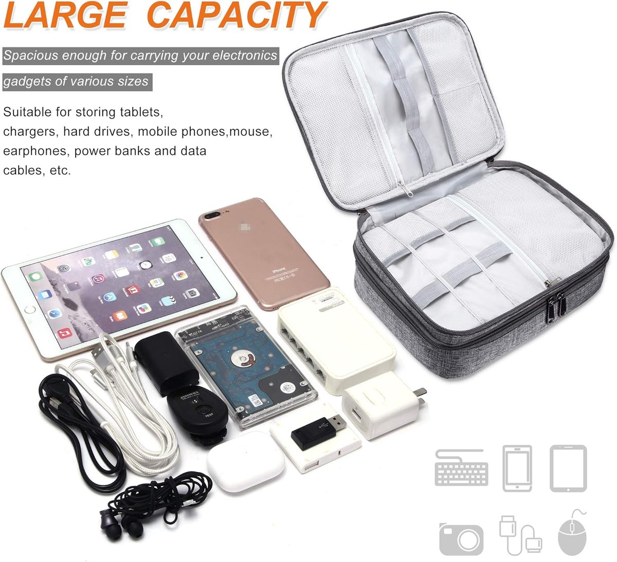 Elektronische tas, reistas, accessoiretas, waterdichte dubbele laag elektronische opbergtas, draagbare opbergdoos voor kabels, draden, opladers, mobiele telefoons, adapters, powerbanks, Kindle, harde schijven – foto 4