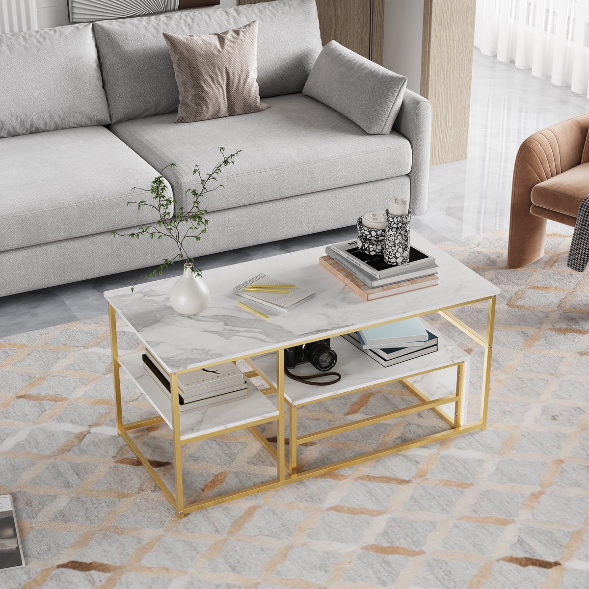 Set van 2 moderne salontafels, stijlvolle bijzettafels met 2-laagse opbergruimte, rechthoekig, met metalen frame, Moderne meubels voor de woonkamer