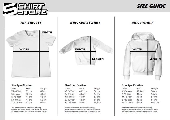 Maattabel voor T-shirts, truien en hoodies met duidelijke afmetingen voor breedte en lengte.