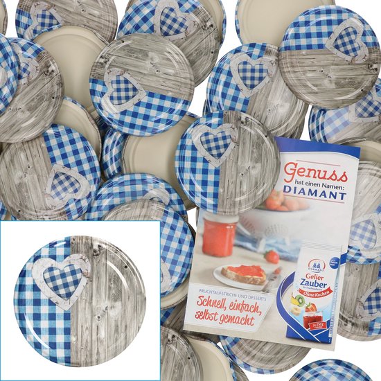 50-delige set deksels van hout, blauw, passend voor glazen van 230 ml / 350 ml / 435 ml, inclusief het Diamant-Zucker Gelierzauber receptenboek.