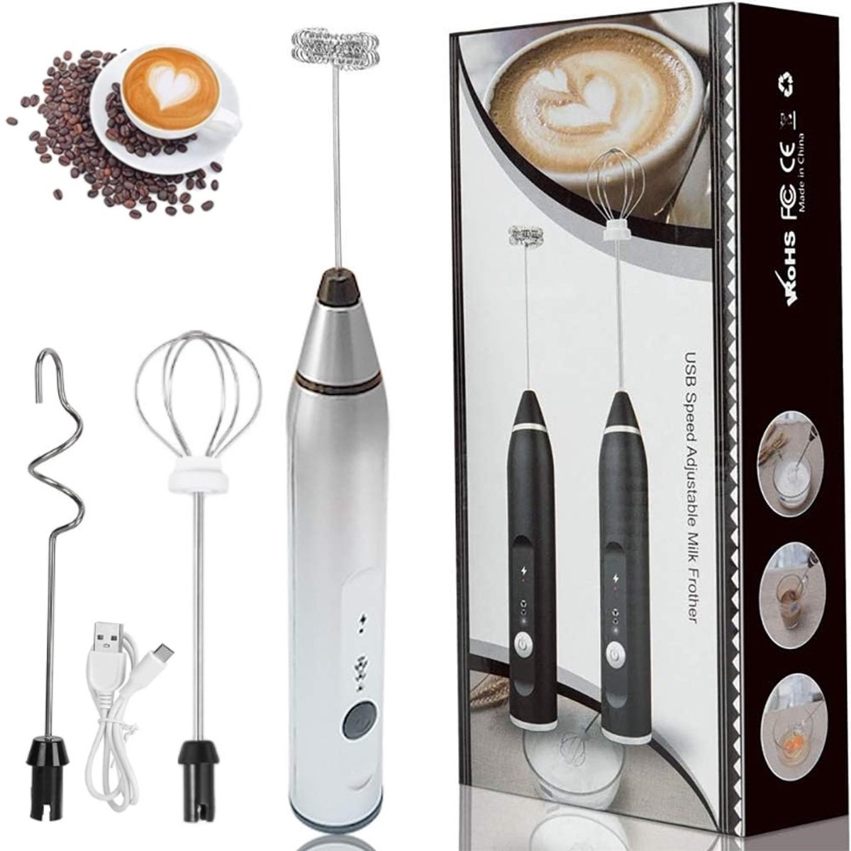 Melkopschuimer- melkopschuimer elektrisch-Oplaadbare melkopschuimer-Handzame elektrische opschuimer- Met 2 roestvrijstalen koppen- Miniblender met 3 snelheden-ideaal voor koffie - Egg Wash- Latte Cappuccino- Warme chocolademelk Matcha (zilver - 27*3*