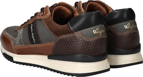 Achterkant van bruine herensneakers, met lederen en textiel details en 'Australian' logo.