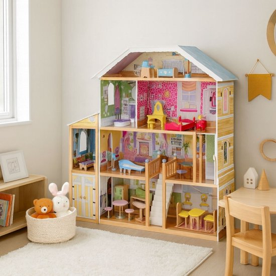 Houten poppenhuis groot – 28-delig accessoire set – 120 cm hoog