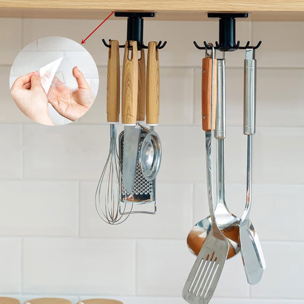 360° Draaibare Keukenhaken – Zelfklevende Ophanghaken Zonder Boren – Set van 2 – Ruimtebesparend, Duurzaam & Multifunctioneel voor Keuken, Badkamer & Kast