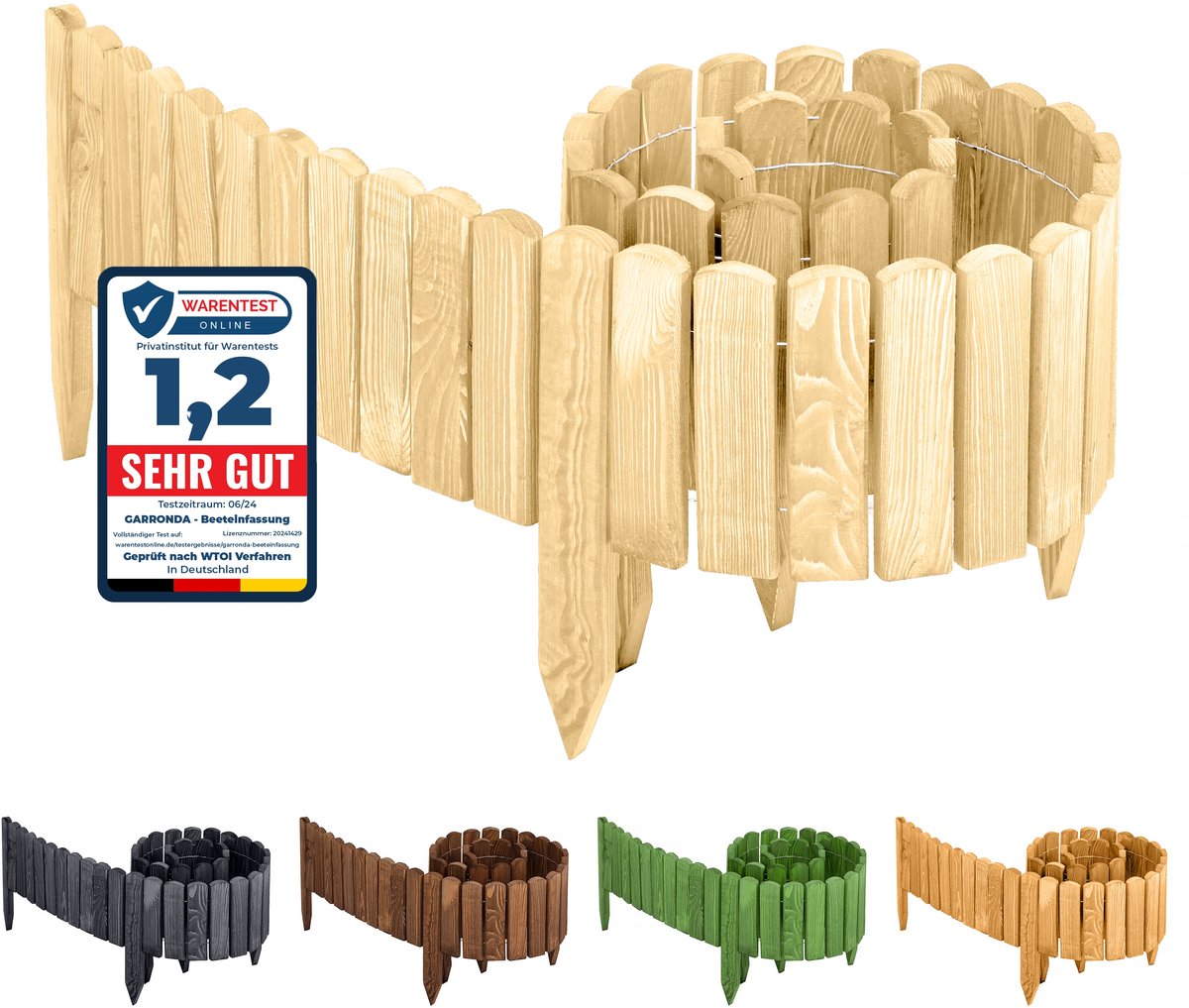 Garronda Rollborder - Flexibele houten - Gazonafscheiding - Palissade padenafscheiding – kan worden ingekort - Natuurlijk (niet geïmpregneerd) - Hoogte: 30 cm, hekje 200 cm