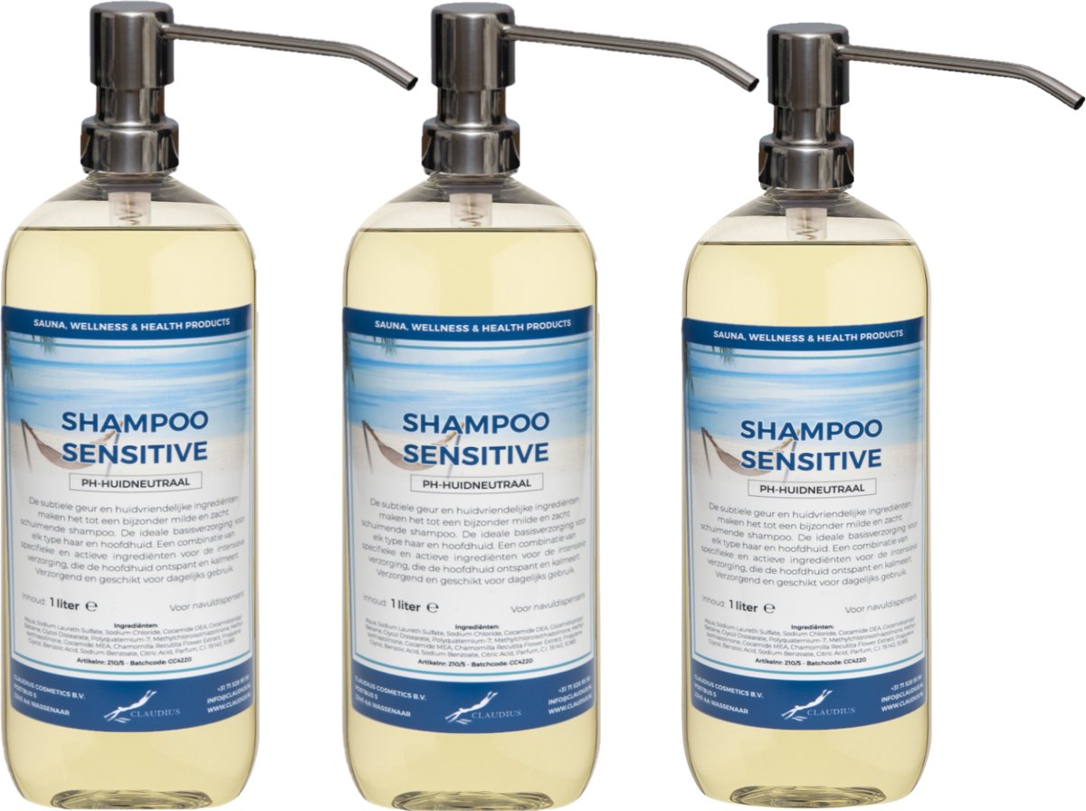 Shampoo Sensitive Care - 1 liter (transparant) - 3 stuks - met zilveren pomp - Voordeelverpakking - Haarverzorging