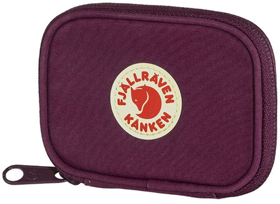 Paarse Kånken portemonnee met ritssluiting en wit/rood Fjällräven logo.