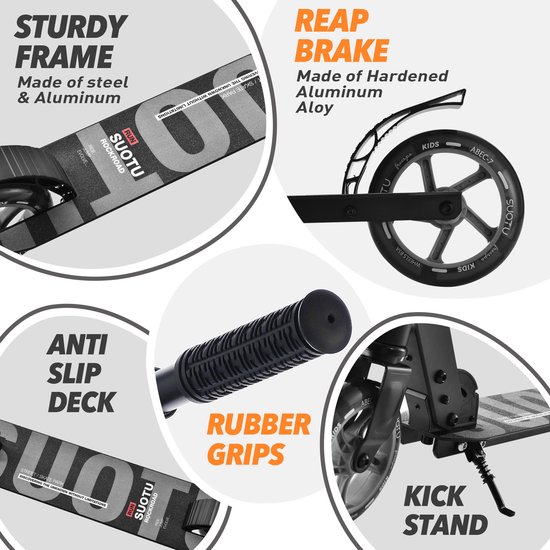 Suotu Kinderstep - 145mm Lichtgevende Wielen - Step - Speelgoed Jongens/Meisjes - Max stuurhoogte: 85 cm - Aluminium - Zwart
