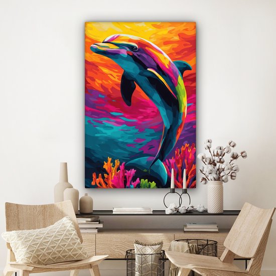 Tableau sur toile 80x120 cm - Décoration murale Dauphin - Coloré - Océan - Corail - Décoration murale salon - Décoration chambre - Accessoires chambre - Peintures sur toile