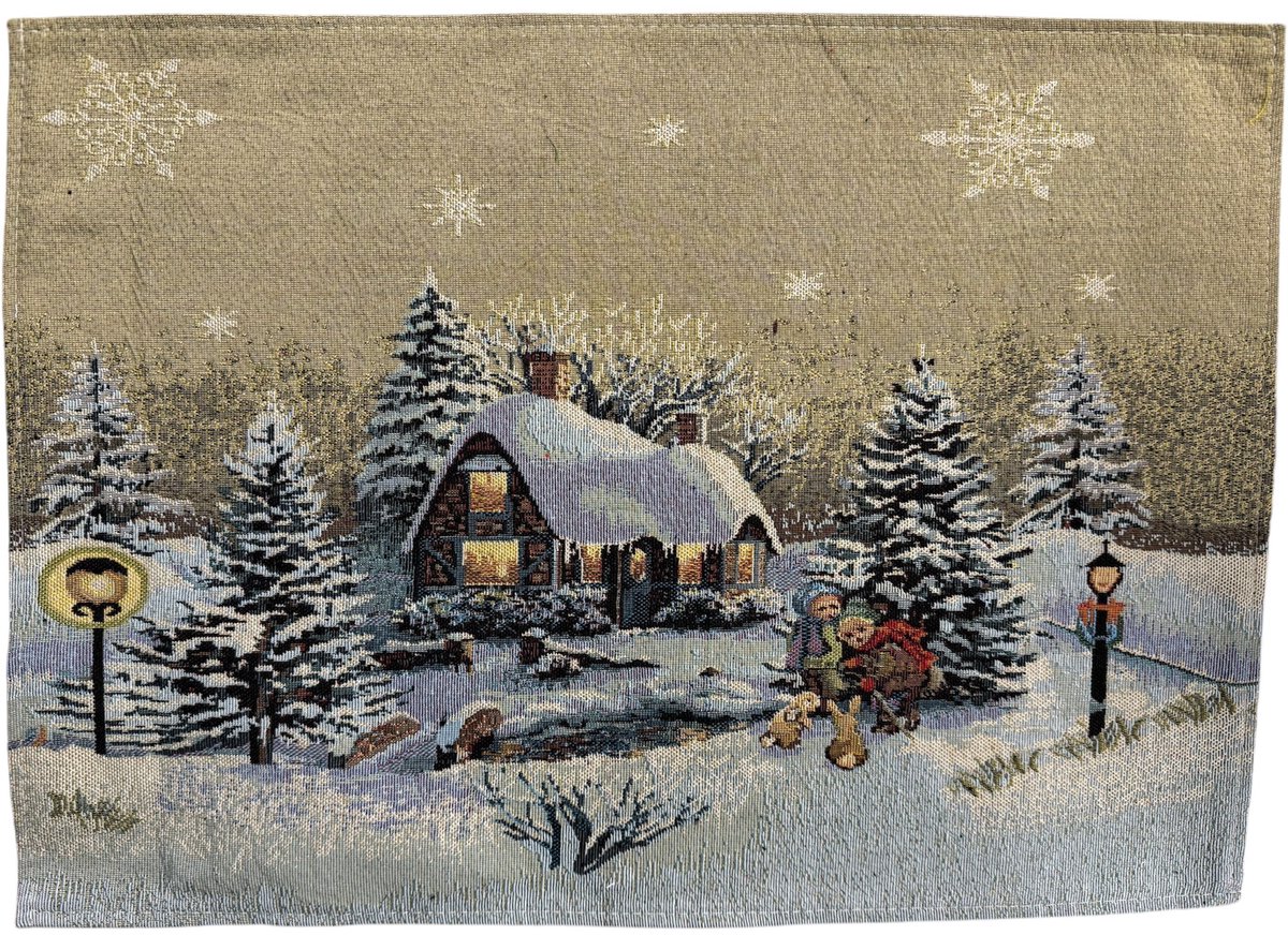 Placemat - Gobelinstof - Kerst - winterdorp - winterhuisje - sneeuw - dennenbomen - 35 x 50 cm