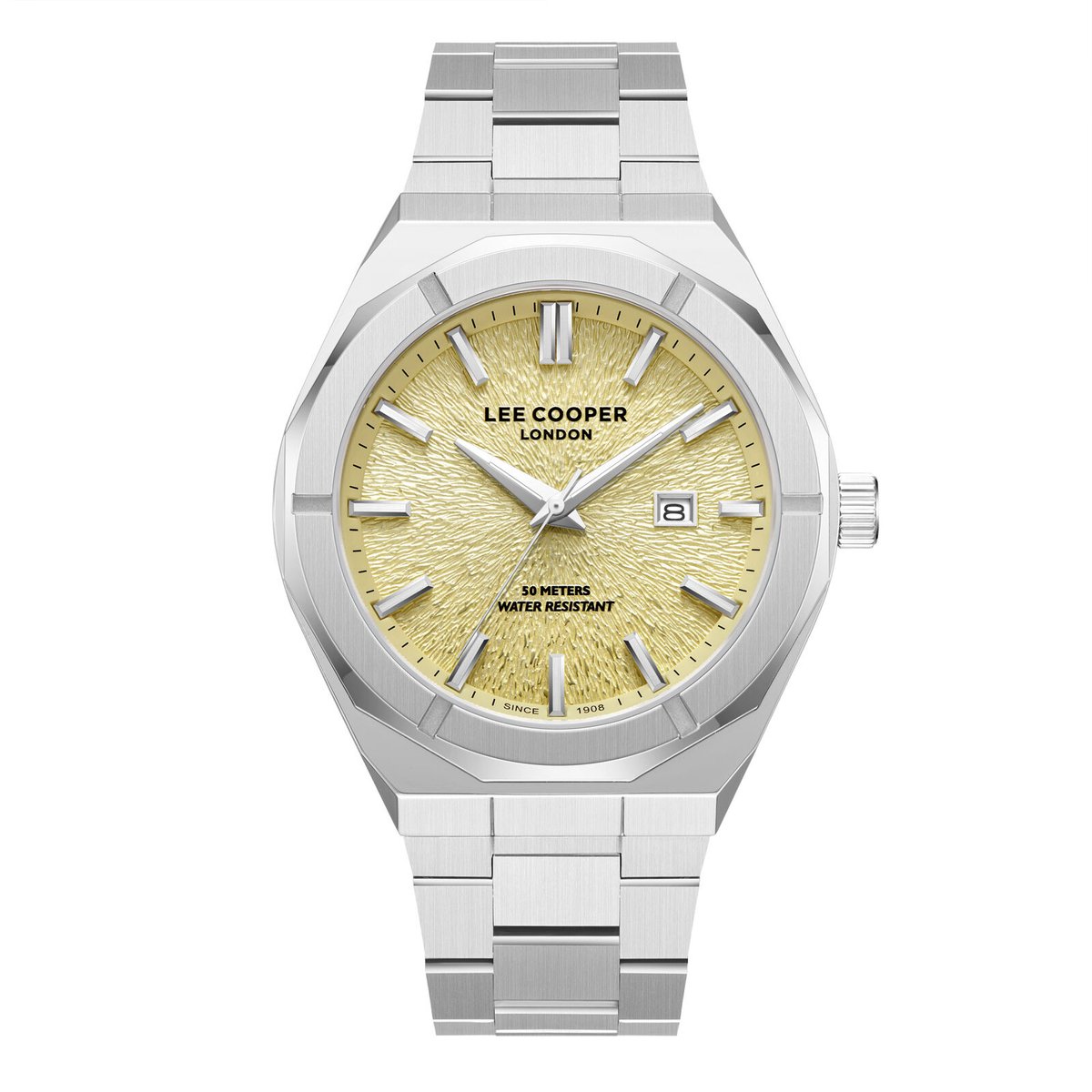 Lee Cooper LC08234.310 - Horloge - Polshorloge - Analoog - Heren - Mannen - Stalen band - Metaal - Rond - Afgeronde vierkant - Strepen - Datumaanduiding - Zilverkleurig - Briljant - Pastelgeel - Wit - Zwart