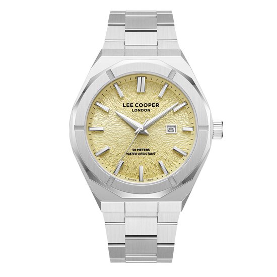 Zilverkleurig Lee Cooper herenhorloge met pastelgeel gestreepte wijzerplaat en datum.