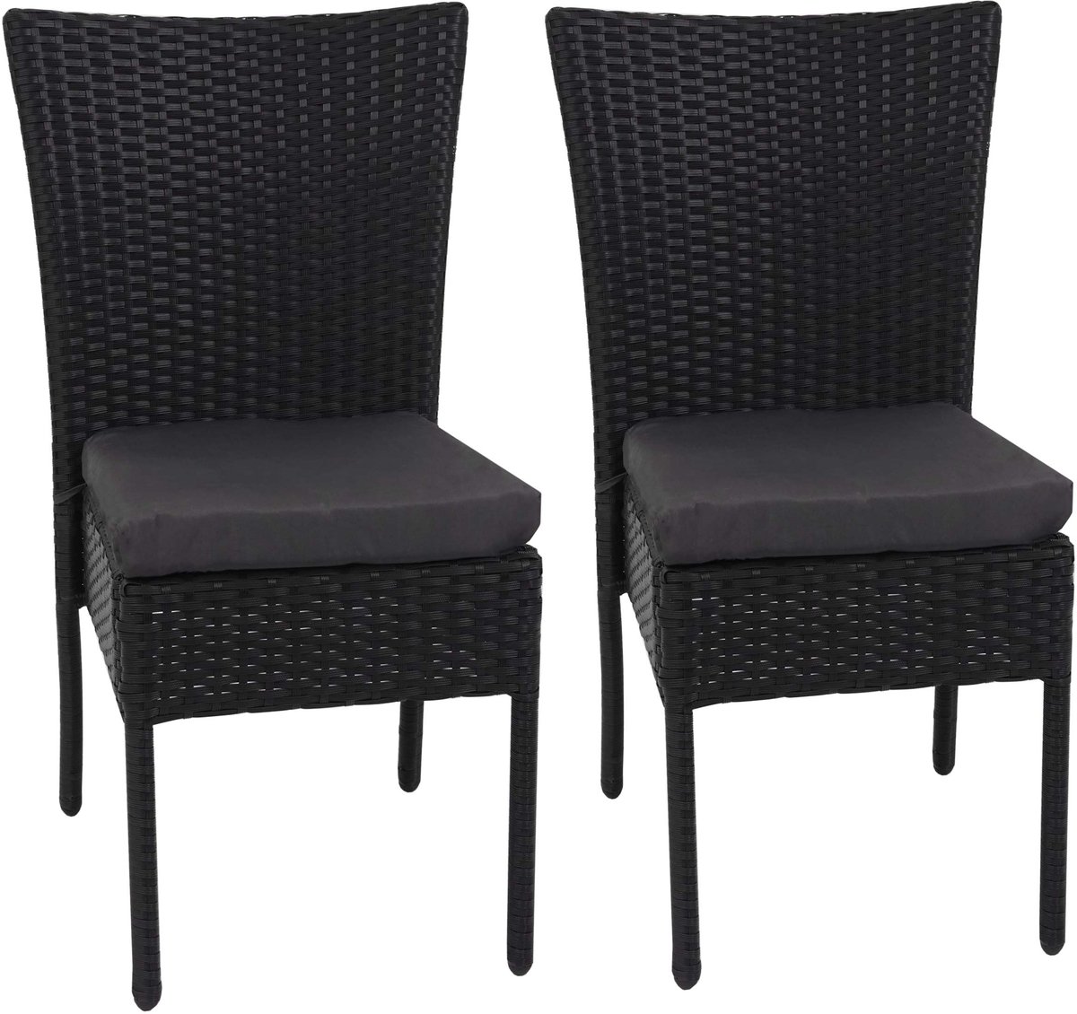 Set van 2 polyrotan stoelen MCW-G19, balkonstoel, tuinstoel, stapelbaar ~ zwart, kussens donkergrijs