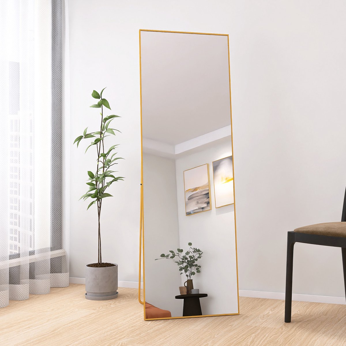 Passpiegel 162x53 cm - Grote wandspiegel met multifunctionele aluminium lijst (hangend/zittend/staand), Passpiegel voor badkamer, slaapkamer, hal of woonkamer, goud