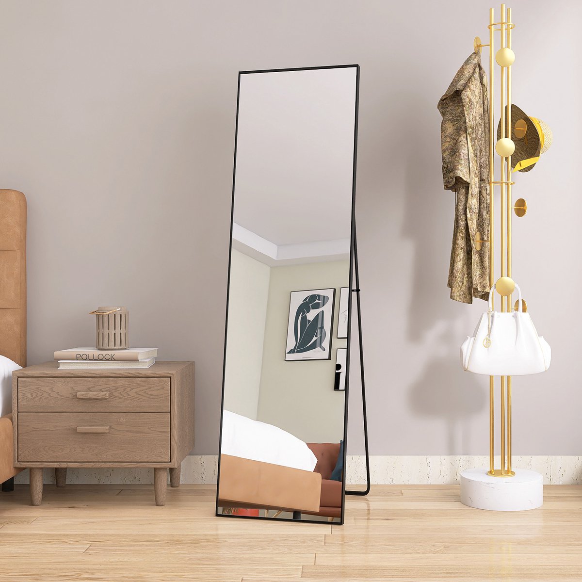 Passpiegel 140x40 cm - Grote wandspiegel met multifunctionele aluminium lijst (hangend/zittend/staand), Passpiegel voor badkamer, slaapkamer, hal of woonkamer, zwart