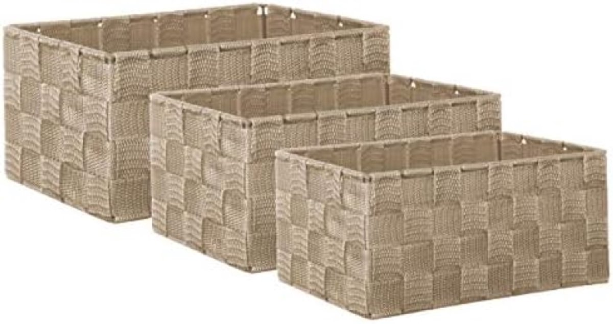 PromoHome 3-delige set gevlochten opbergmanden - Stevig frame - Beige
