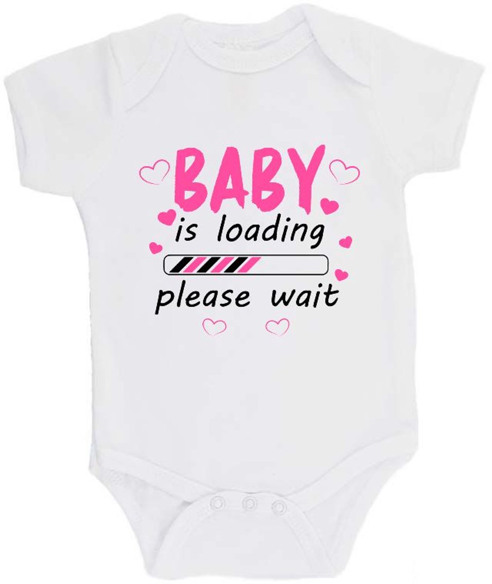 100% katoenen Romper bedrukt met grappige tekst Kado Cadeau Kraamkado Kraamcadeau "Baby is loading" 2.0 Unisex Katoen Wit/zwart/roze Maat 68/74