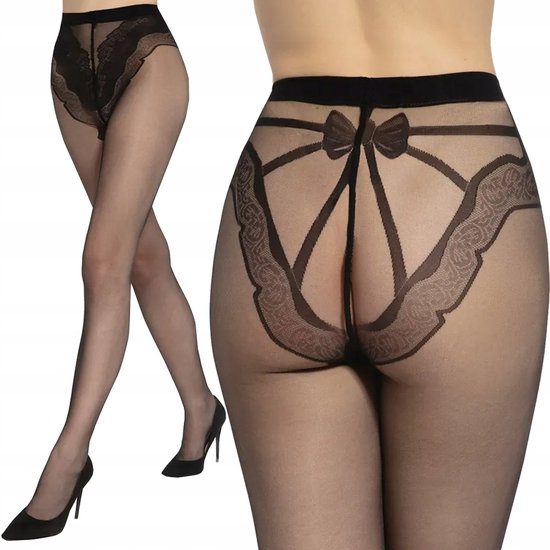 Zwarte panty met strikontwerp op de billen en kanten randen, ook met een model op hoge hakken