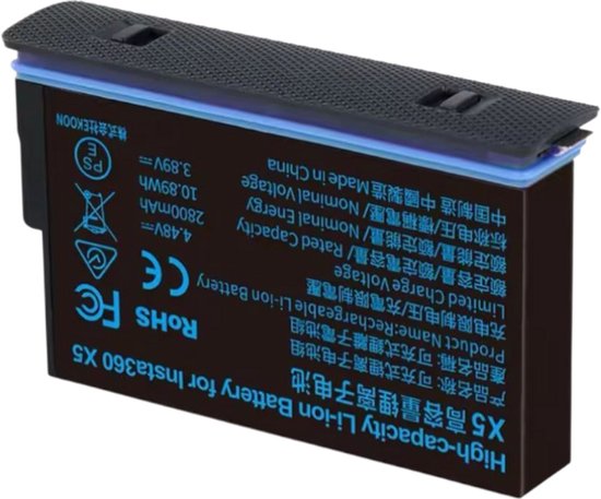 Zwarte Insta360 X5 batterij met blauwe accenten en tekst. 3.85V, 2600mAh, 10.06Wh.