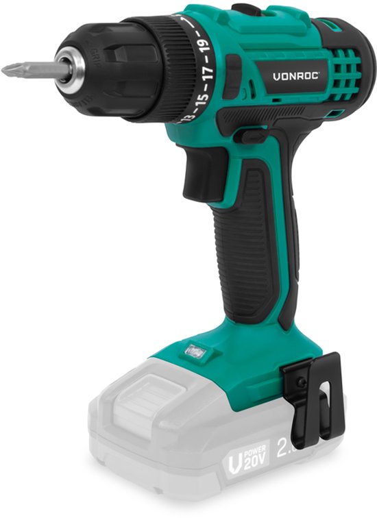 VONROC Accuboormachine 20V – 19 schroefstanden + boorstand - Incl. 2 bits - Excl. Accu en snel-lader