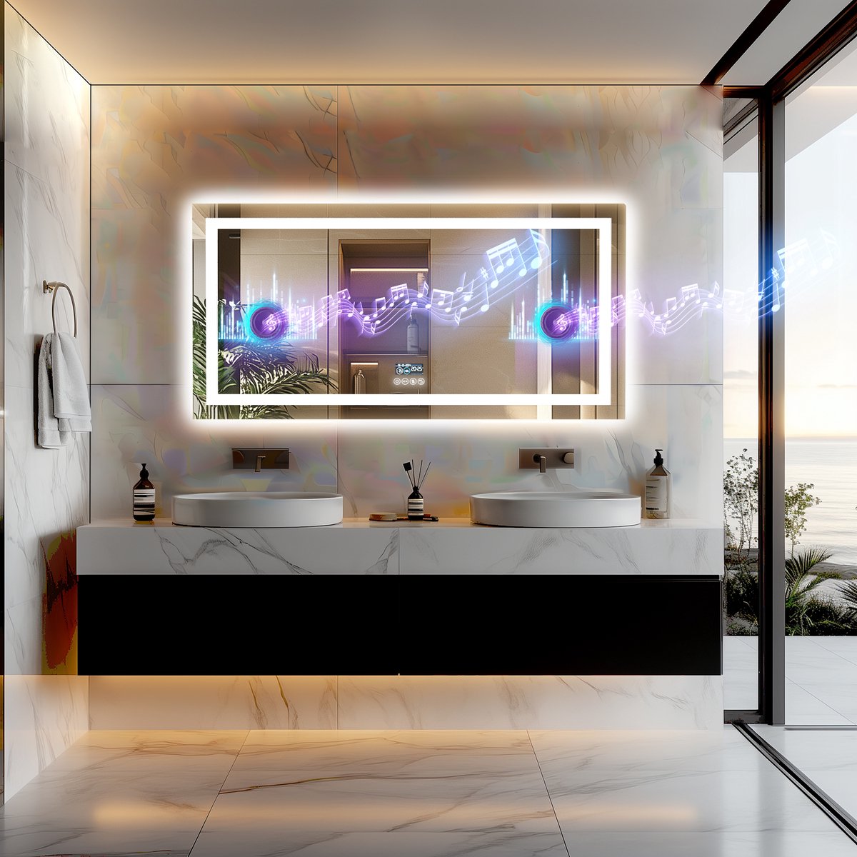 LUVODI badkamerspiegel met LED verlichting - 1200x600mm grote wandspiegel met verlichting - Bluetooth speaker - dimbaar in 3 kleuren - verlichting aan de voorkant + verlichting aan de achterkant - anti-condens - tijd temperatuurweergave