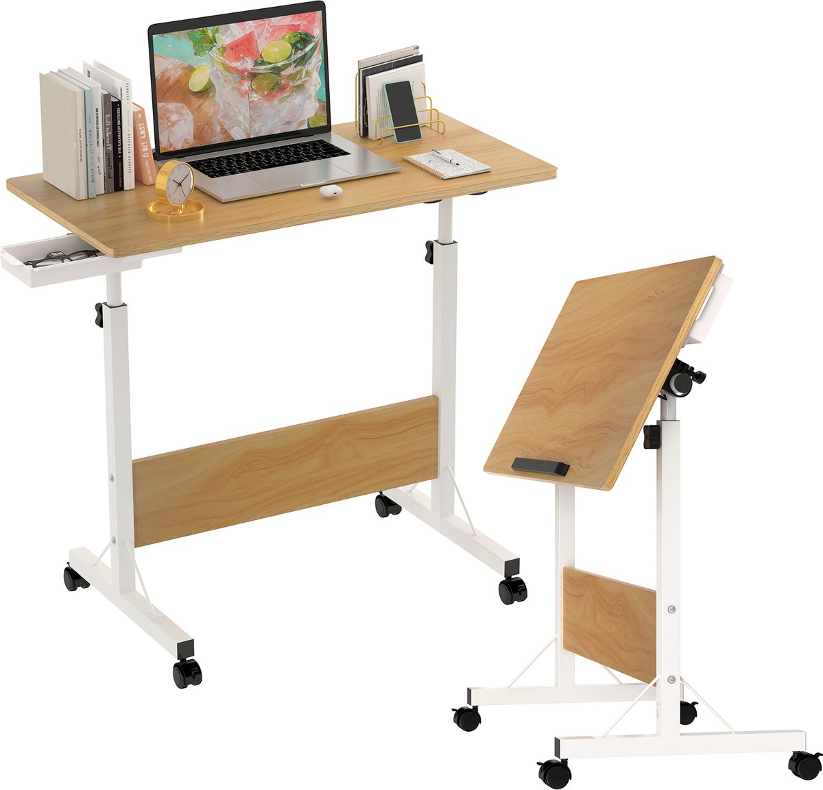 PIPIPOXER- Opvouwbare Laptoptafel met wielen, computertafel, bijzettafel, bureau, mobiele statafel, bedtafel, in hoogte verstelbaar, 80x40x64-89cm, houtkleur