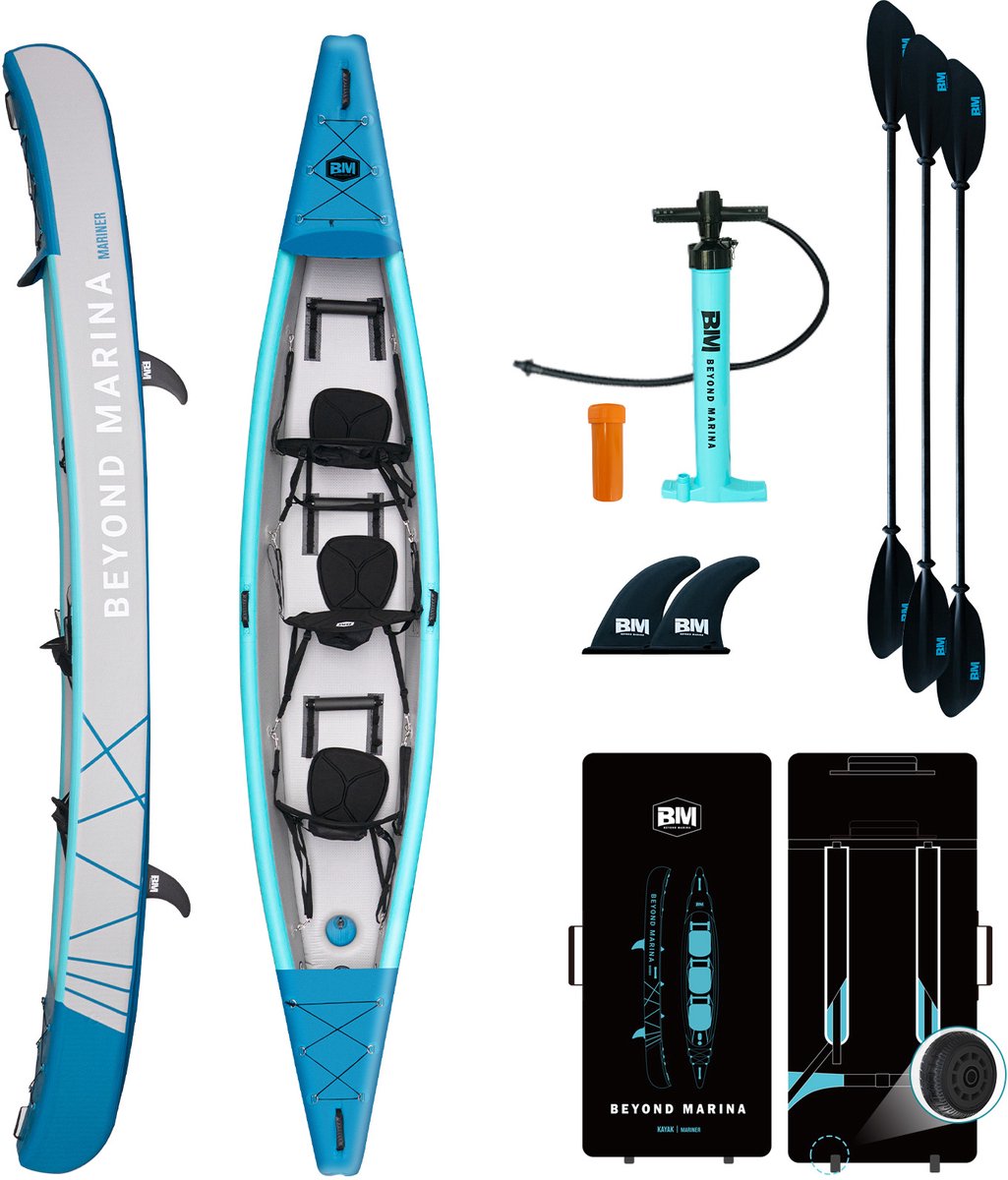 Opblaasbare Kajak voor 3 Personen – Drop-Stitch Tandem Kajak Set voor Volwassenen met Peddels, Stoelen, Pomp, Vin & Draagtas, Stevig en Veelzijdig, 460×81×55 cm