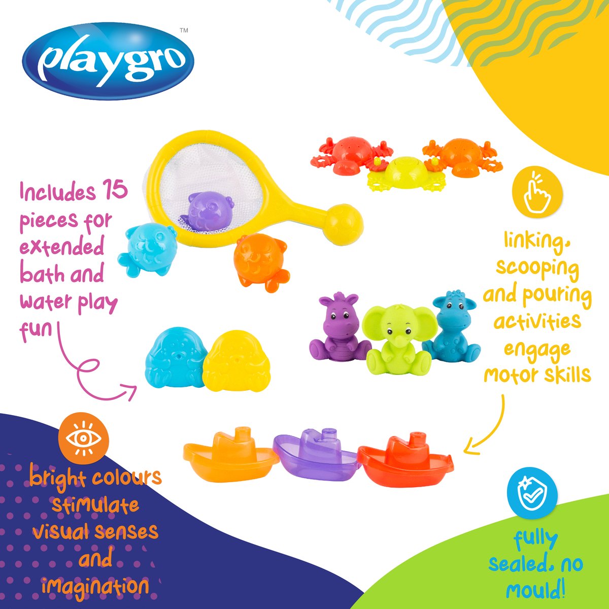 Playgro Activiteiten badgeschenkset – Badspeelgoed - Speelgoed Bad - Baby bad speelgoed - badspeeltjes - waterspeelgoed- baby speelgoed 6 maanden - Cadeauset Baby - Volledig Afgesloten - Geen Schimmel - Badspeelset 14-delig - BPA vrij — afbeelding 6