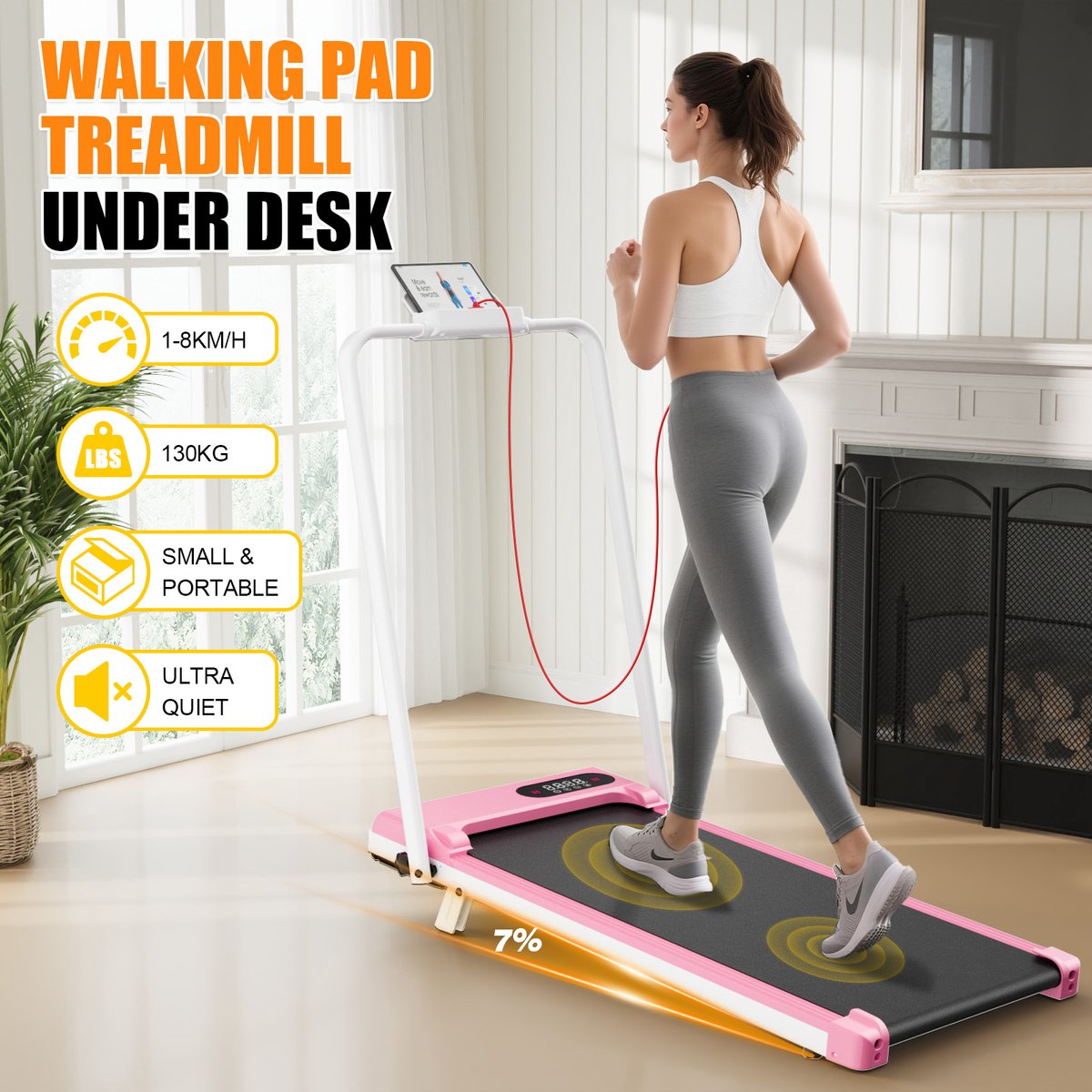 Afbeelding 2 van Opvouwbare loopband - 3-in-1 loopband met 7% helling - Walking Pad 1-8 km/u instelbaar - Oppervlak 38,5 x 90 cm - Roze