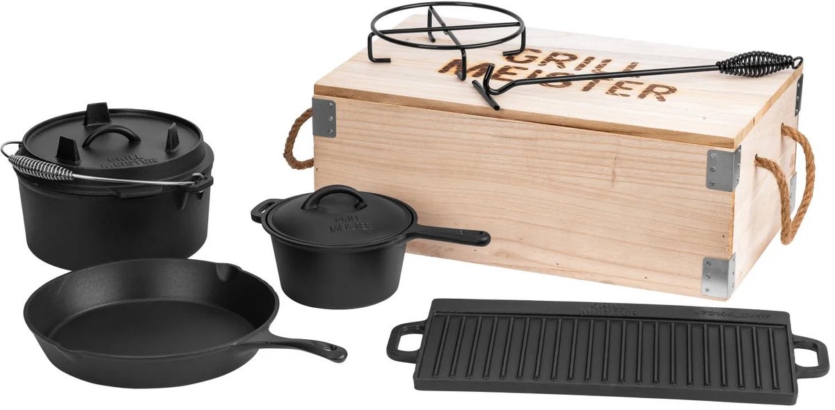 Aufun Dutch Oven Set in houten kist met Dutch Oven, meer accessoires waaronder voorgekruide kookpot, grillplaat, pan, dekselheffer, gietijzeren wafelijzer, receptenboek, handschoenen (12 stuks
