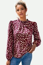 Top met dierenprint en hoge hals, ruches en wijnrood detail