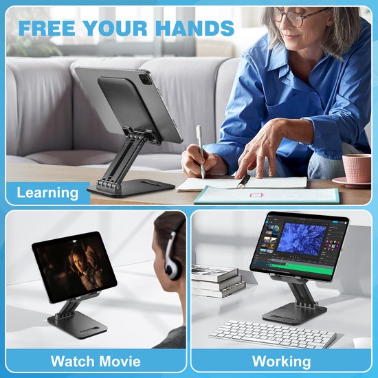 Tabletstandaard in gebruik voor leren, films kijken en werken. Toont mensen die tablets gebruiken.