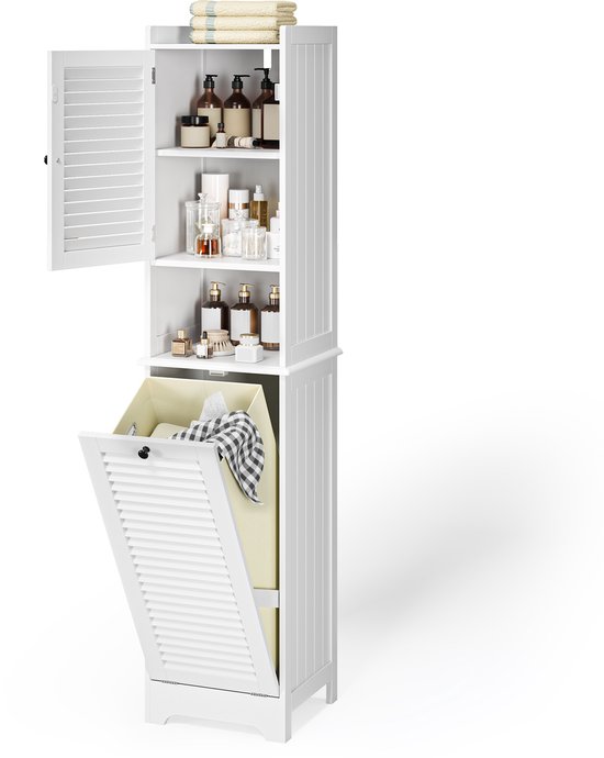 Xbro Badkamerkast met 1 Deuren en Wasmand – Hoge Opbergkast met Verstelbare Planken – Smalle Kast voor Badkamer, Keuken of Slaapkamer – 170 x 37 x 40 cm – Wit