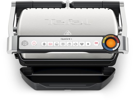 Bovenaanzicht van de Tefal OptiGrill+ contactgrill in zilverkleurig metaal en zwart.