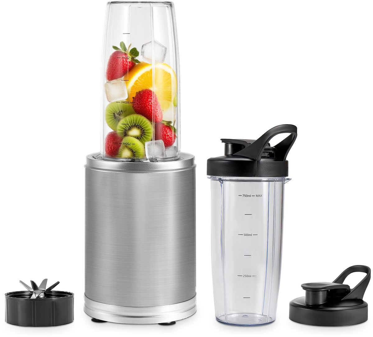 Blender - 6-Delige Set - 2x 800ml Drinkbekers - Smoothie Maker - 1200W - Vaatwasserbestendig - BPA-vrij - Draagbare Blender - Zilver - van Saaf