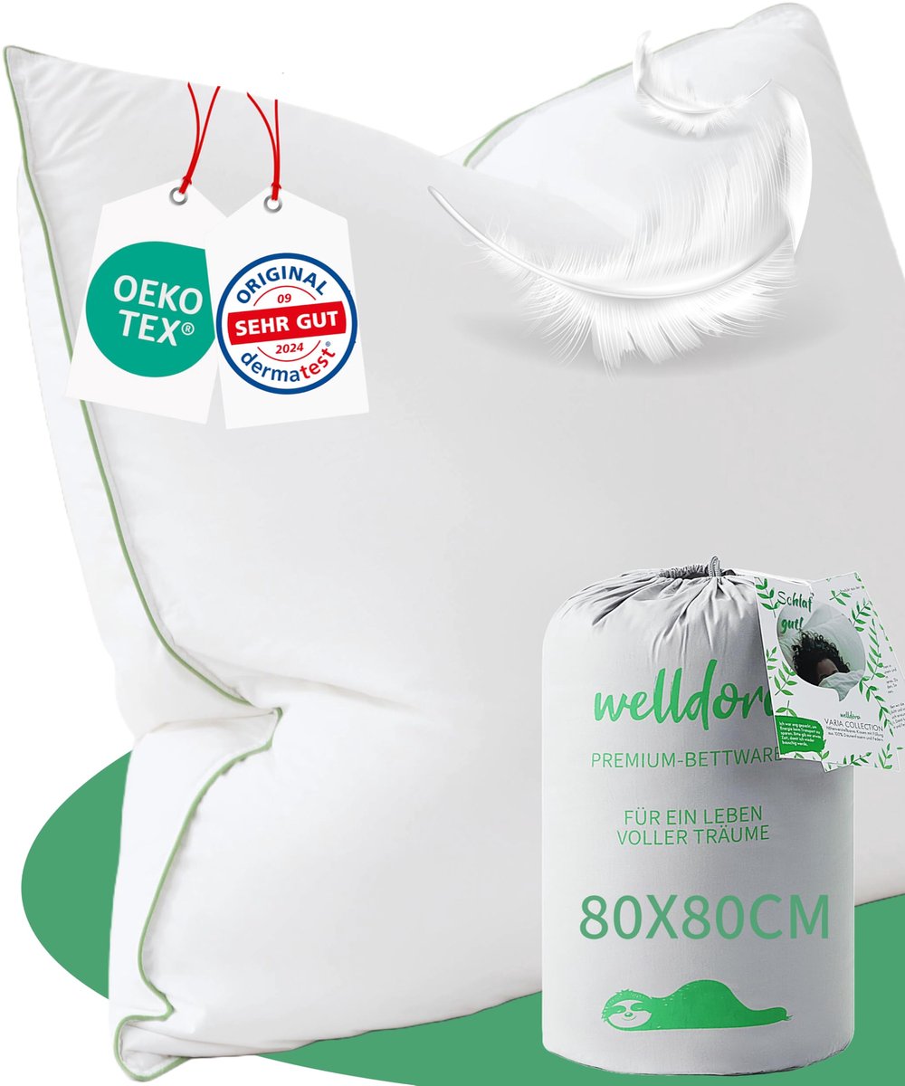 Welldora Premium Hoofdkussen 80x80 cm – 100% Natuurlijke Dons en Veren – Ergonomisch Neksteunkussen – Medisch Getest – Oeko-Tex Gecertificeerd - Hoofdkussen Nekklachten - Kussen voor Zijslaper en Rugslaper