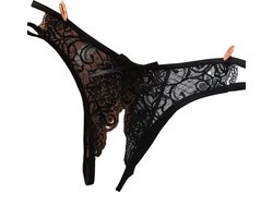 Erotische String Met Open Kruis I Sexy Slipje I Slip I Erotisch Ondergoed I Met Strik I One Size I Voor Heupomtrek 70-110 CM I Zwart