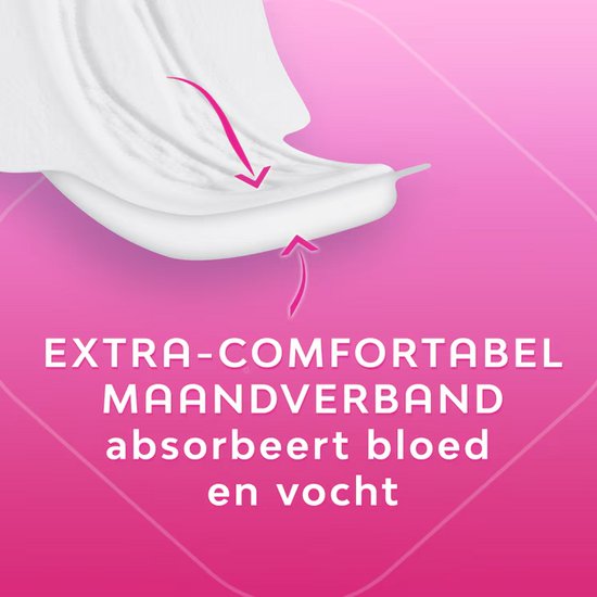 Wit maandverband dat bloed en vocht absorbeert. Roze achtergrond met pijl-details.
