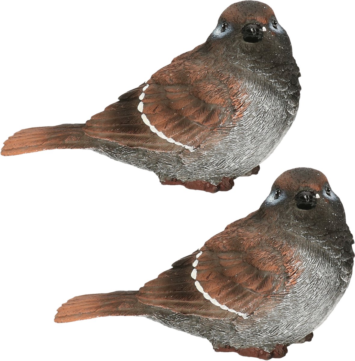 Huismus vogel beeldje - 2x stuks - 14,5 x 6,5 x 8,5 cm - polystone - tuinvogel beeldjes - binnen/buiten