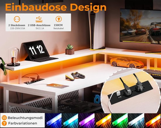 Gamingbureau met LED-verlichting, omkeerbaar en groot hoekbureau met extra stopcontacten en USB-poorten van Merkloos — afbeelding 5
