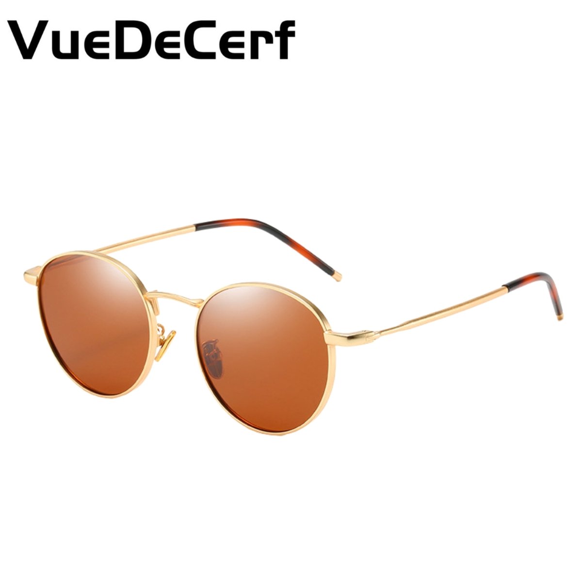 VueDeCerf Ronde Zonnebril – Retro zonnebrillen – UV380 - Gepolariseerde zonnebrillen - Metalen zonnebril - Goudomrande pootjes - Bruine zonnebril