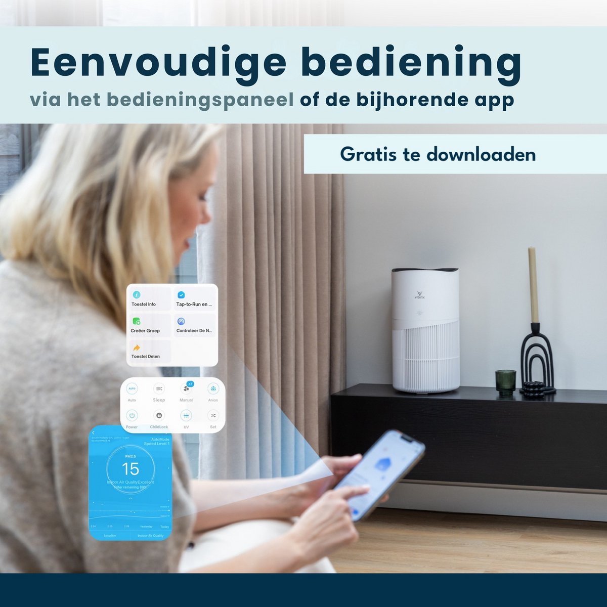 Vibrix PureFlow70 Luchtreiniger / Air Purifier – HEPA H13 + koolstoffilter – 468 m³/u – Voor kamers tot ca. 70 m² – Ionisator – App-bediening – Zeer stil met slaapstand – Luchtkwaliteitindicator — afbeelding 7