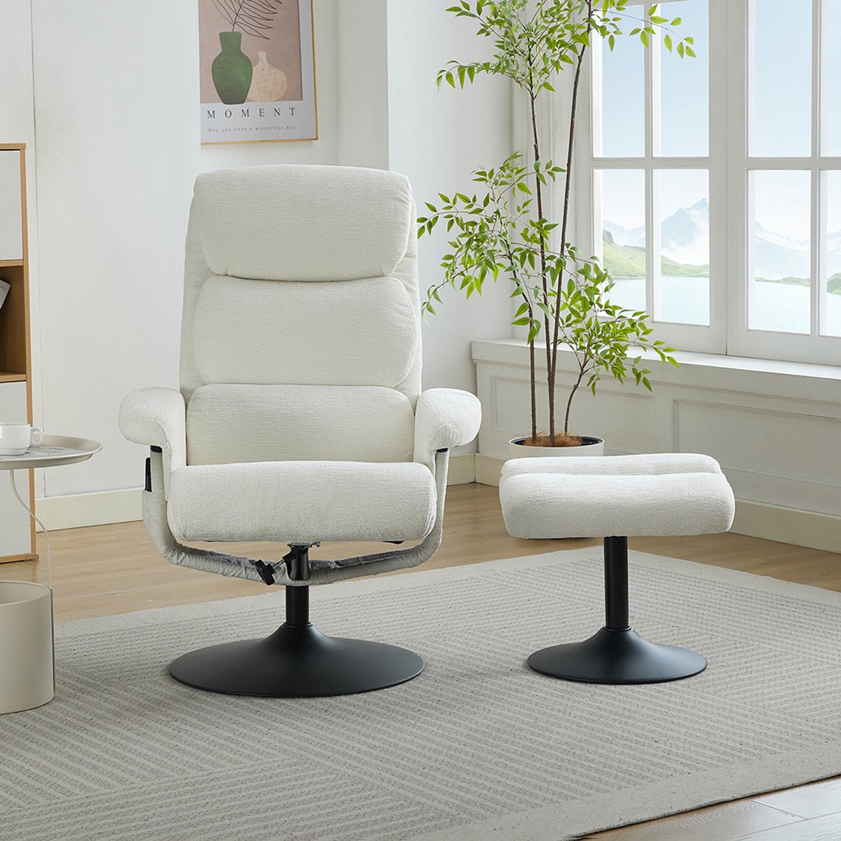 BLACKCOLORS Relaxfauteuil met kantelfunctie en 5-punts massage, tv-fauteuil met elektrische verwarming en voetsteun, 360° draaibaar, wit chenille – foto 4