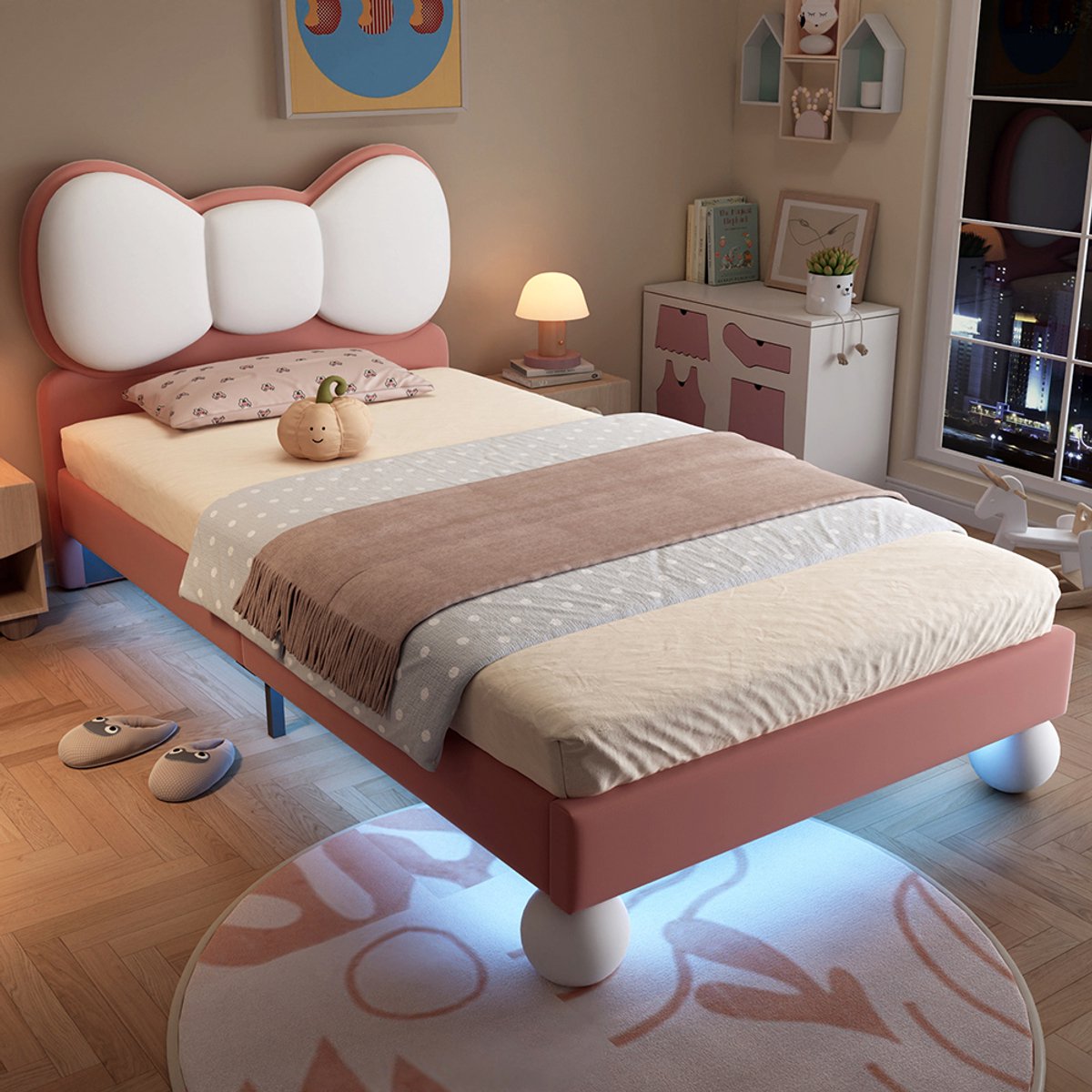 BLACKCOLORS Gestoffeerd bed, eenpersoonsbed, kinderbed, hoofdeinde in de vorm van een vlieg, LED-lichtstrip in kleur naar keuze onder het bed, stabiele lattenbodem, fluweel, mooi design, beige + roze, 90 x 200 cm