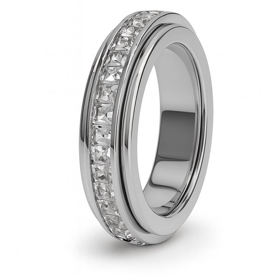 Zilverkleurige draaibare ring met twee rijen geslepen steentjes, op een witte achtergrond.