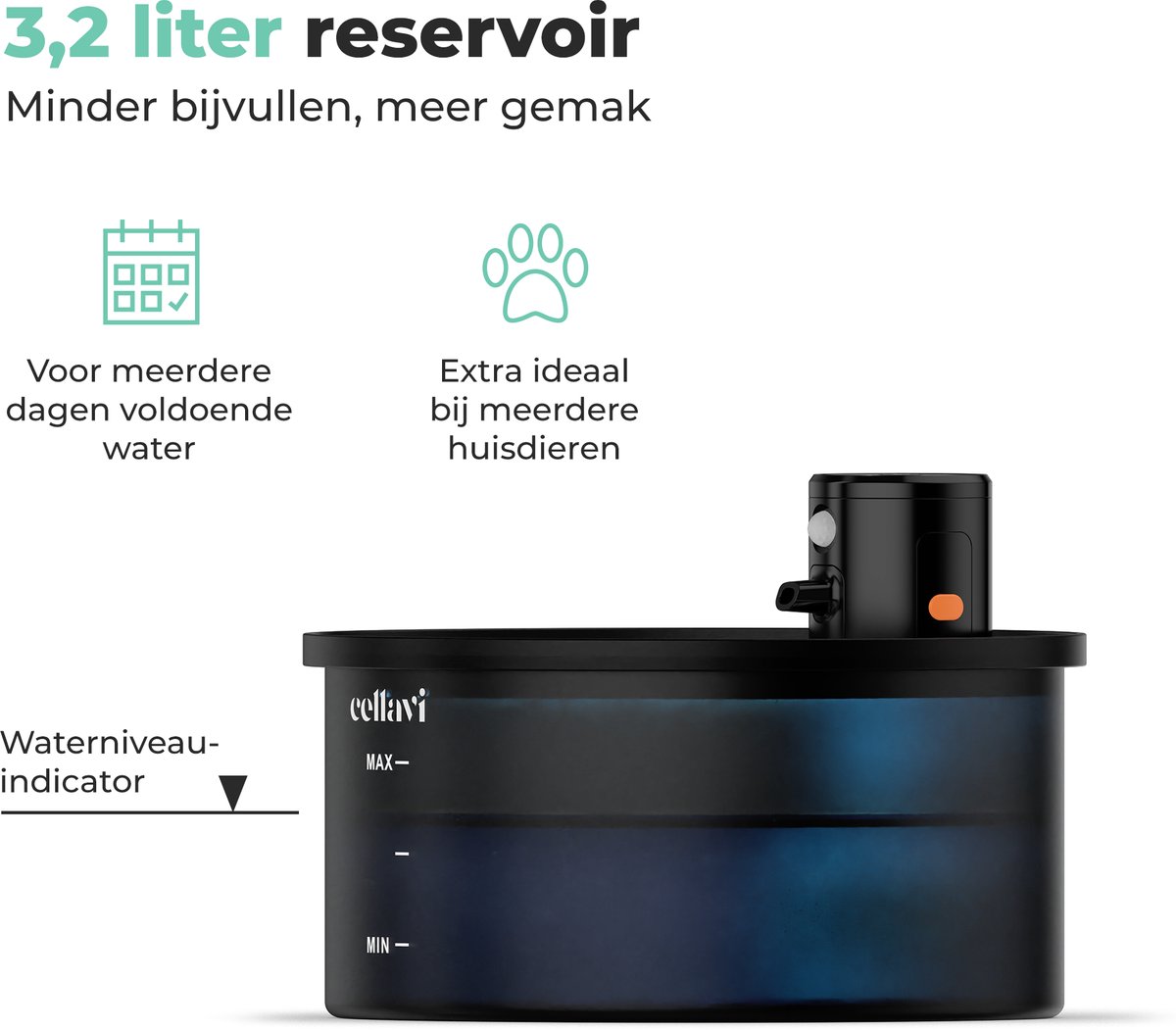 Cellavi R3A-X - Draadloze RVS Drinkfontein Kat met Sensor - Waterfontein voor Kat en Hond met 3 Standen - Kattenfontein 3.2L - 5200mAh Batterij - Fluisterstil thumbnail 2